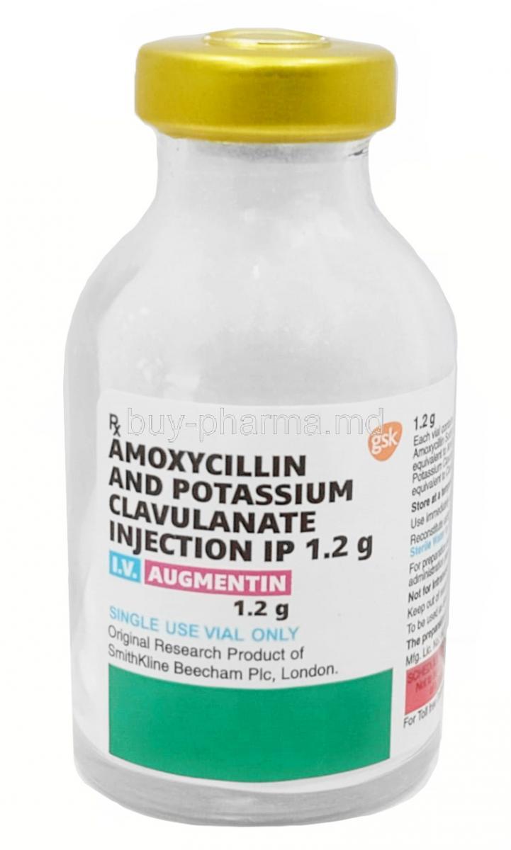 Augmentin IV, Amoxycillin 1 g/ Clavulanic Acid 200 mg, Vial, GSK, Bottle