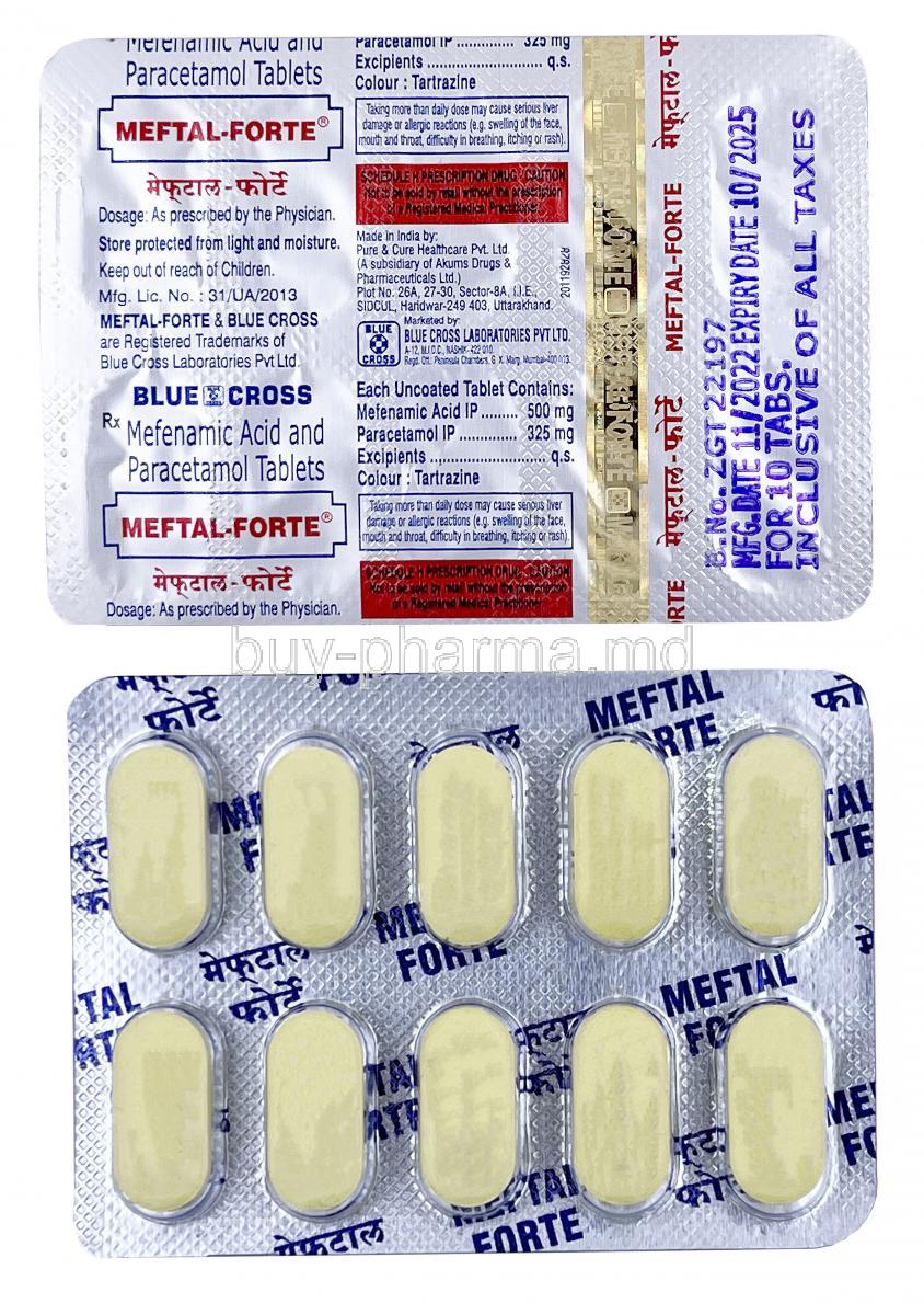 Meftal Forte,Mefenamic Acid 500 mg / Paracetamol 325 mg, Blue Cross Laboratories Ltd, Blisterpack front and back view