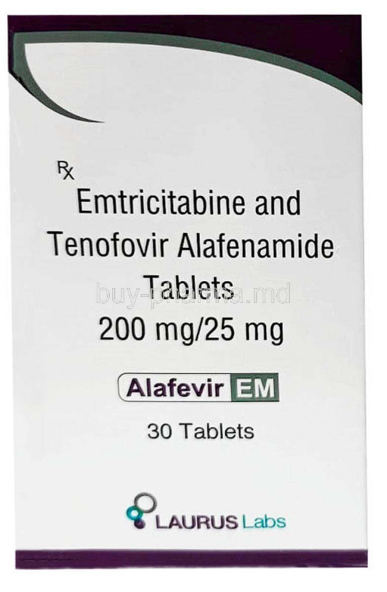Alafevir EM,Emtricitabine 200mg/ Tenofovir 25mg, 30tablets, Laurus Labs, Box front view