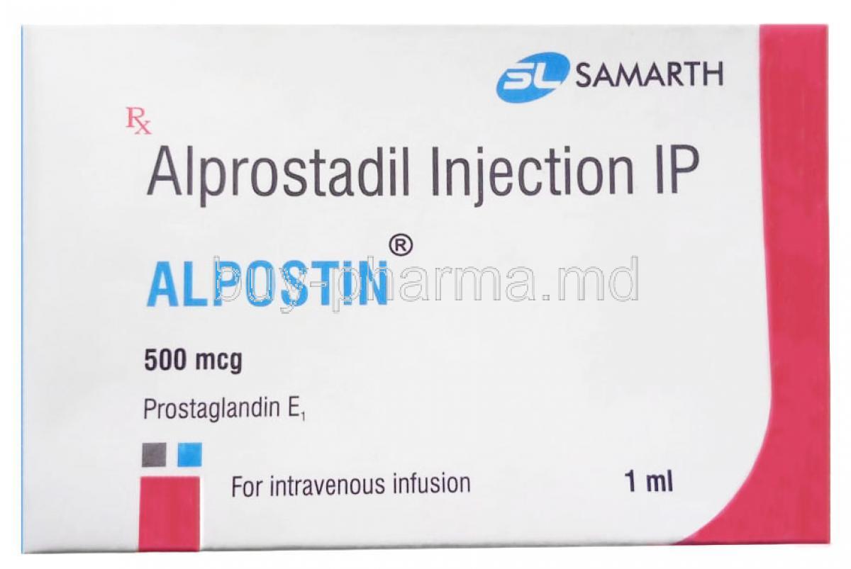 Alpostin Injection, Alprostadil 500mcg, Vial 1mL, Samarth Life Sciences Pvt Ltd, Box front view