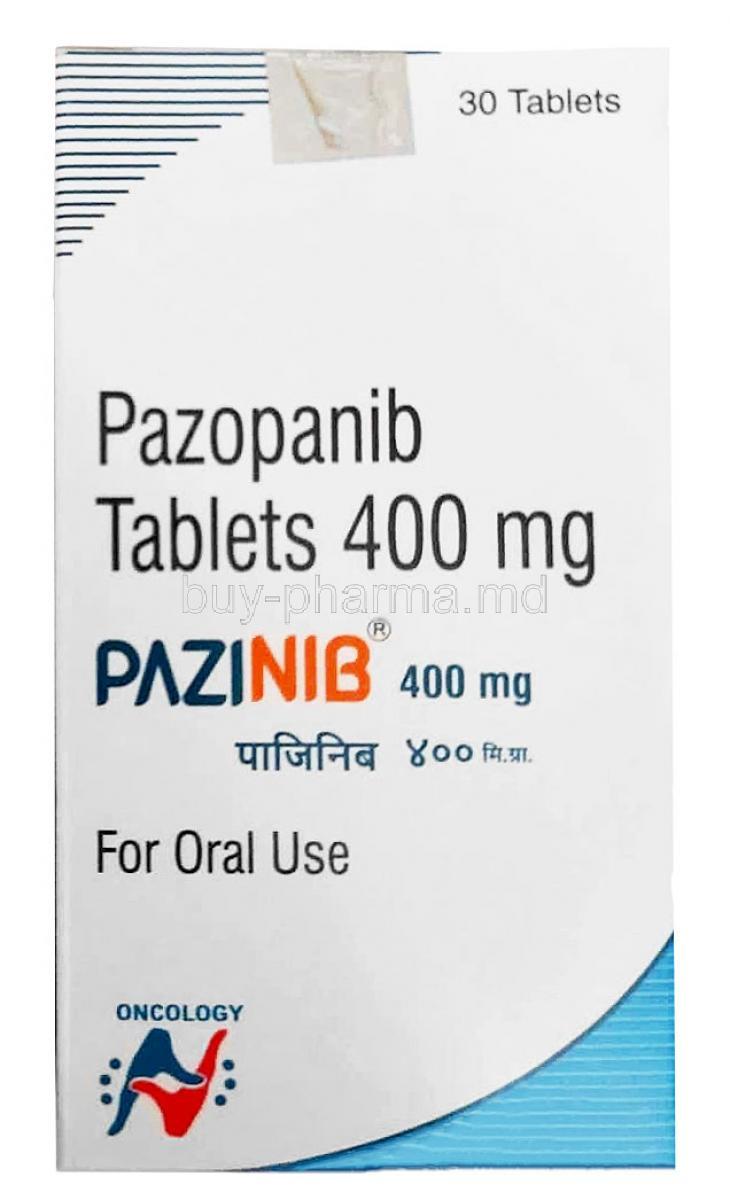Pazinib, Pazopanib 400 mg, 30tablets, Hetero Drugs Ltd, Box front view