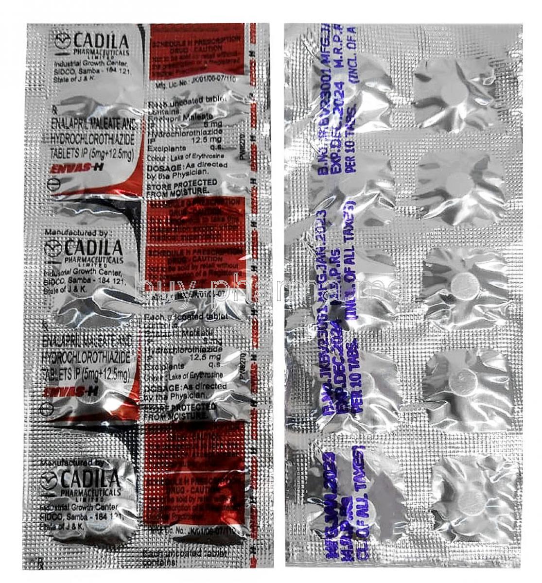 Envas H, Enalapril 5 mg / Hydrochlorothiazide 12.5 mg, Cadila Pharmaceuticals, Sheet