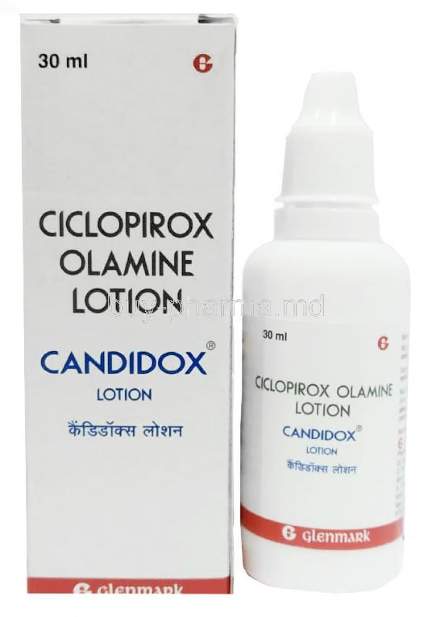 Candidox Lotion, Ciclopirox 1%ww, Lotion 30 mL, Glenmark Pharmaceuticals, Box, Bottle