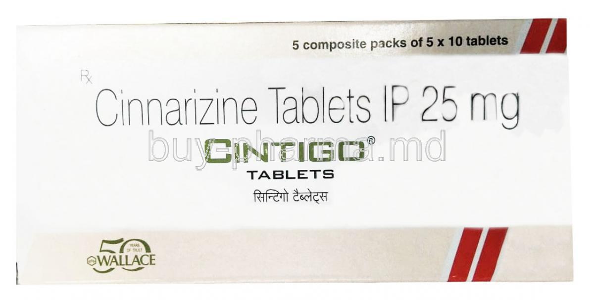 Cintigo, Cinnarizine 25 mg, Wallace Pharmaceuticals, Box front view