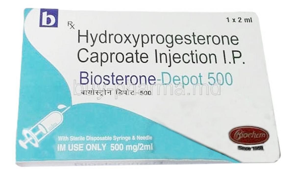 Biosterone Depot  Injection, Hydroxyprogesterone 500mg, Injection vial 2mL, Biochem Pharmaceutical Industries, Box front view