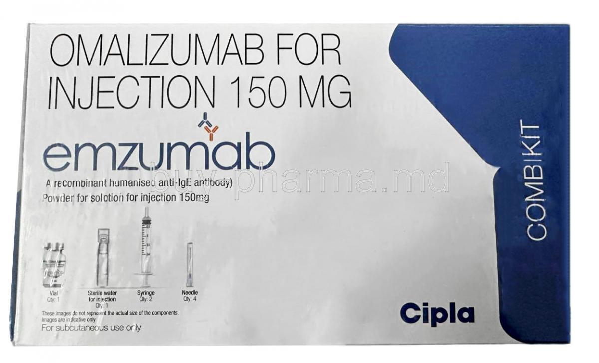 Emzumab Injection combikit, Omalizumab 150mg, Combikit, Cipla, Box front view