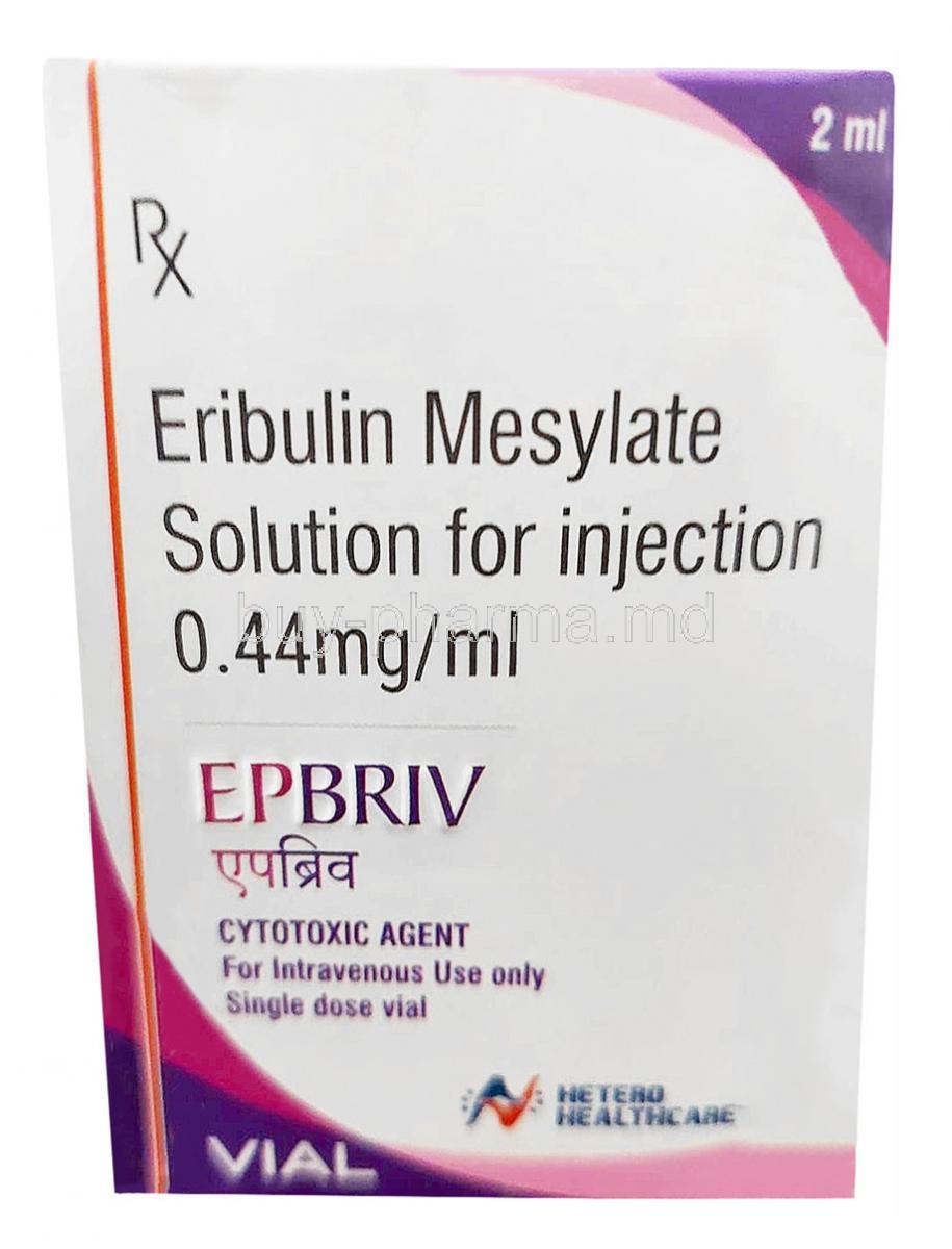 Epbriv Injection, Eribulin Mesylate 0.44mg,Injection vial 2mL,Hetero Healthcare Ltd, Box front view