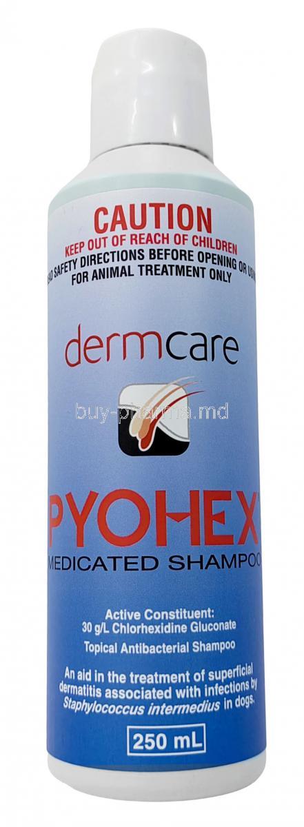 Pyohex Medicated Dog Shampoo, Chlorhexidine Gluconate 3%, Shampoo 250mL,Dermcare-Vet Pty Ltd, Bottle front view
