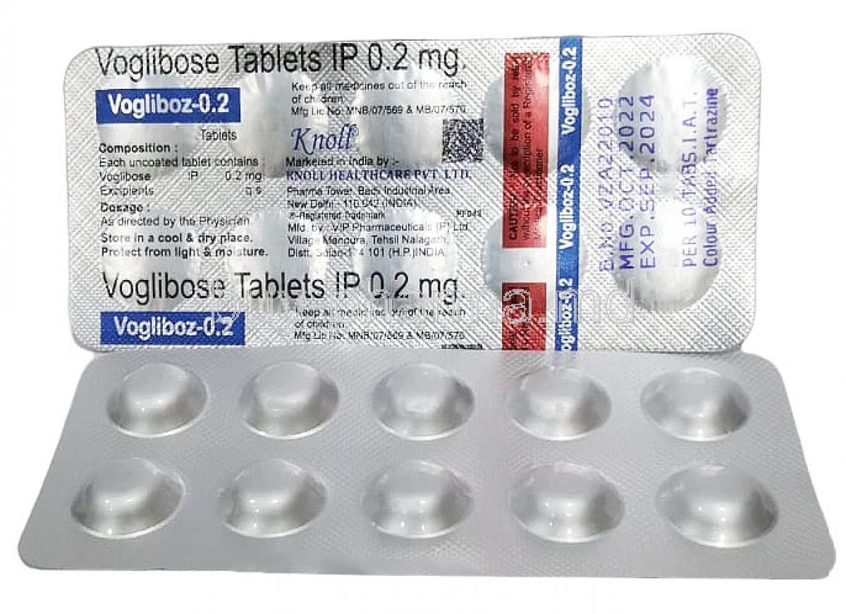 Vogliboz, Voglibose 0.2 mg, Knoll Pharmaceuticals, Blisterpack, front and back view