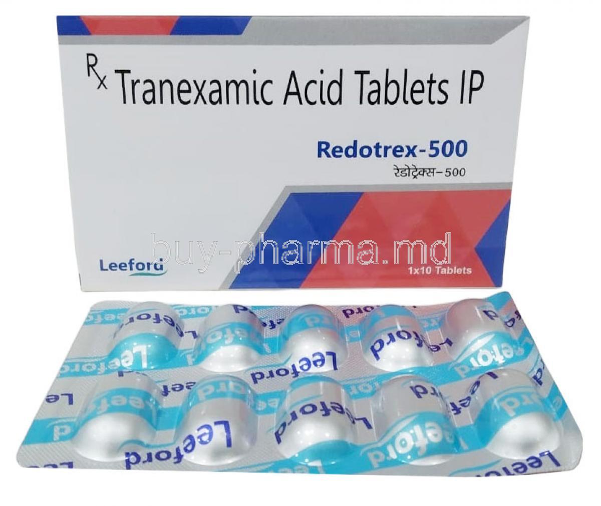 Redotrex, Tranexamic Acid 500 mg, Leeford Healthcare Ltd, Box, Blisterpack
