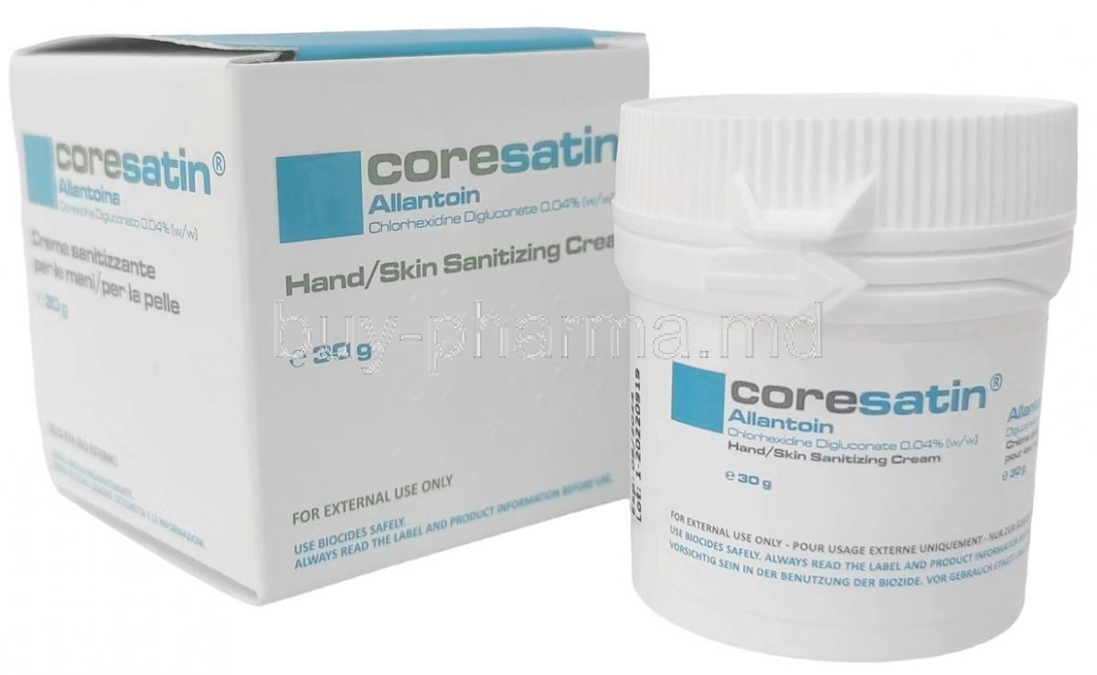 Coresatin Hand and Skin Sanitizing Cream, Allantoin 0.04%w/w,Cream 30g, Corena Pharmaceuticals, Box, Container