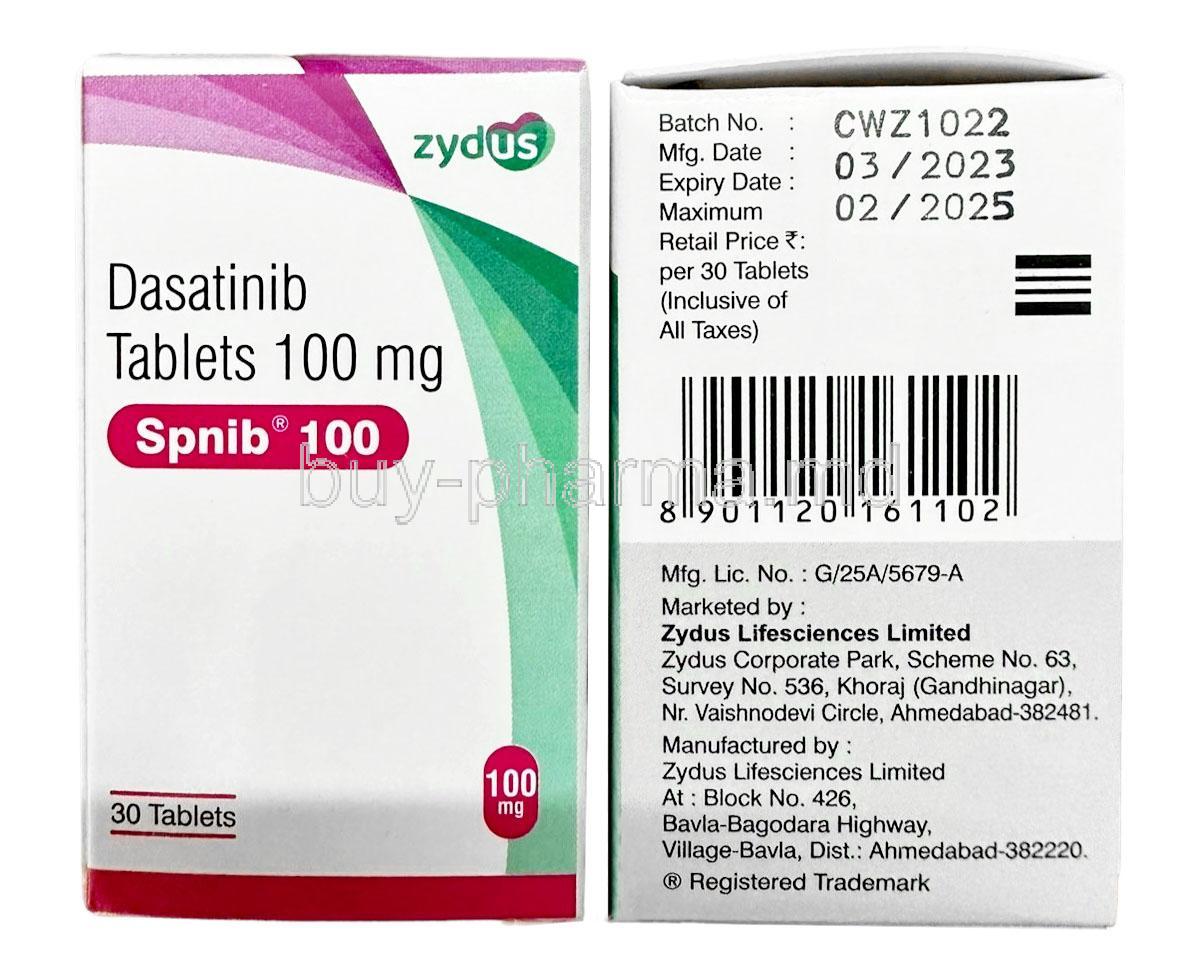 Spnib, Dasatinib 70 mg, 60 tablets, Zydus Oncosciences, Box front view, Box information