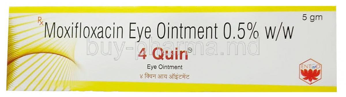 4 Quin Eye Ointment, Moxifloxacin 0.5% w/w, Eye Ointment 5g, Entod Pharmaceuticals Ltd, Box front view