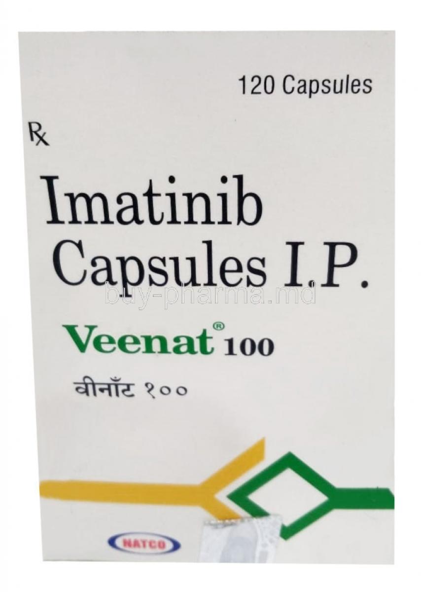 Veenat, Imatinib Mesylate 100 mg,120capsules, Natco Pharma, Box front view
