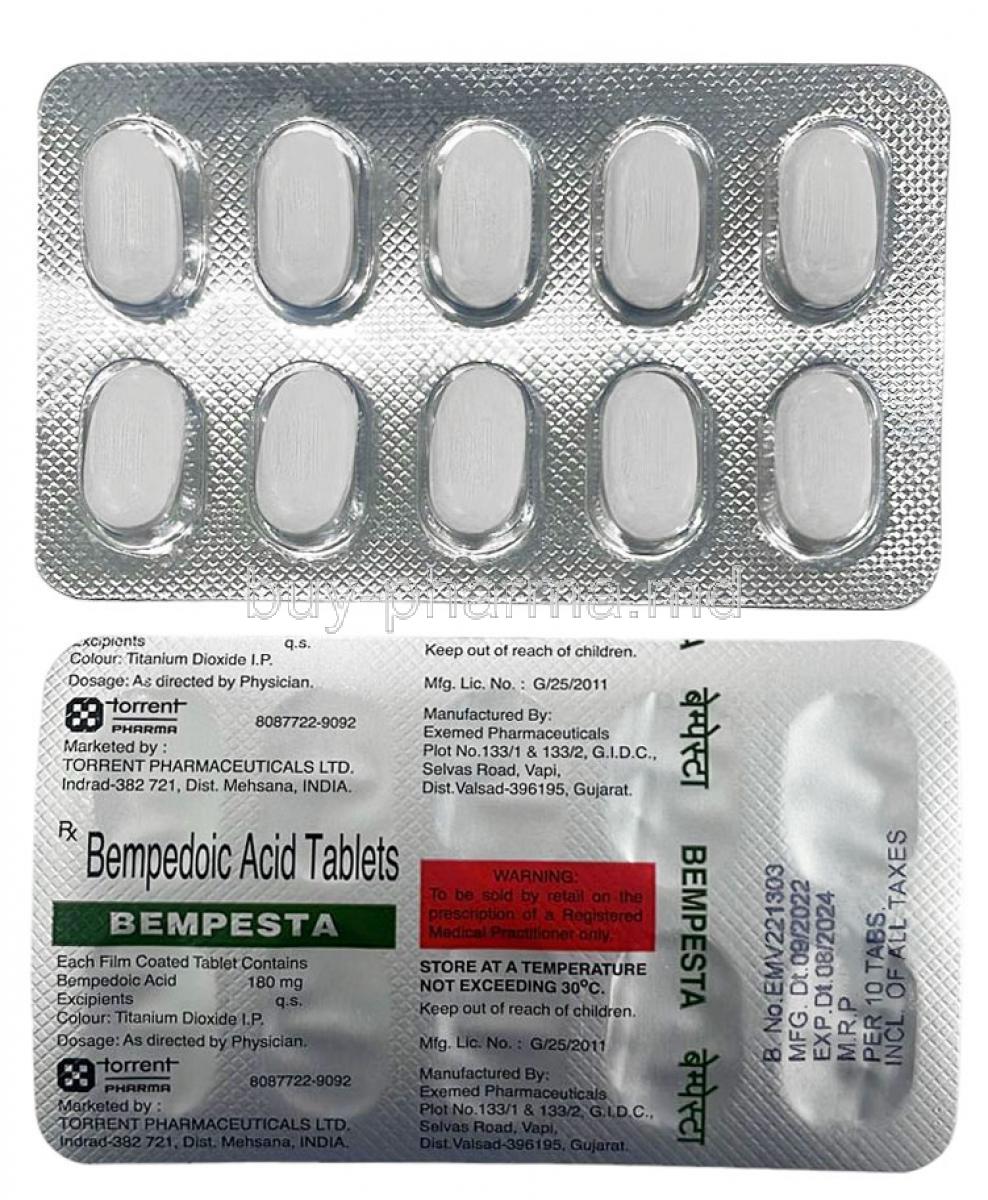 Bempesta, Bempedoic acid 180mg, Torrent Pharmaceuticals Ltd, Blisterpack front and back view