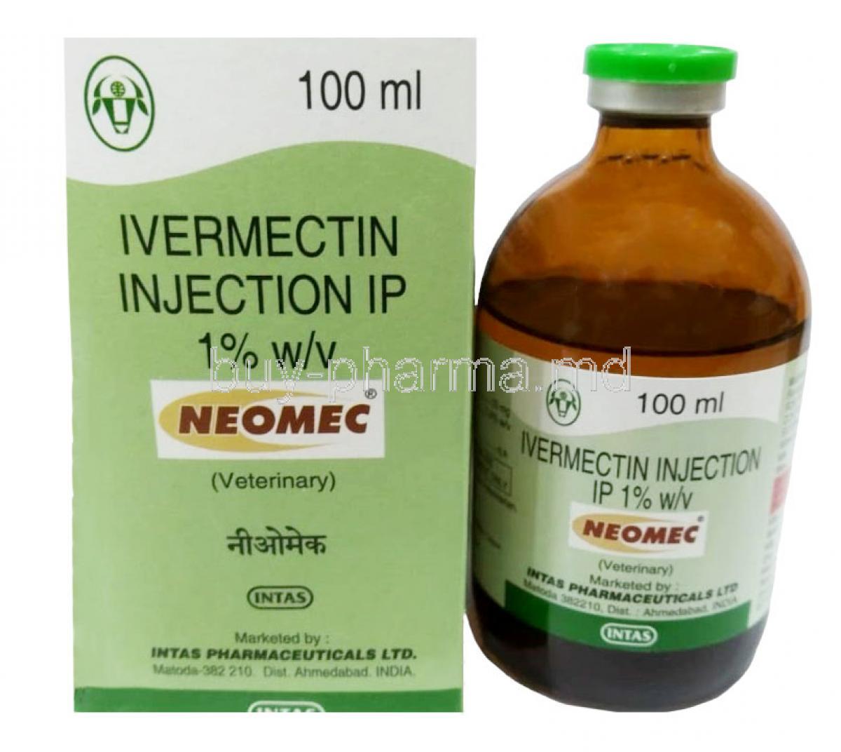 Neomec Injection, Ivermectin 1%, Injection Vial 100mL, Intas Pharmaceuticals Ltd, Box, Vial