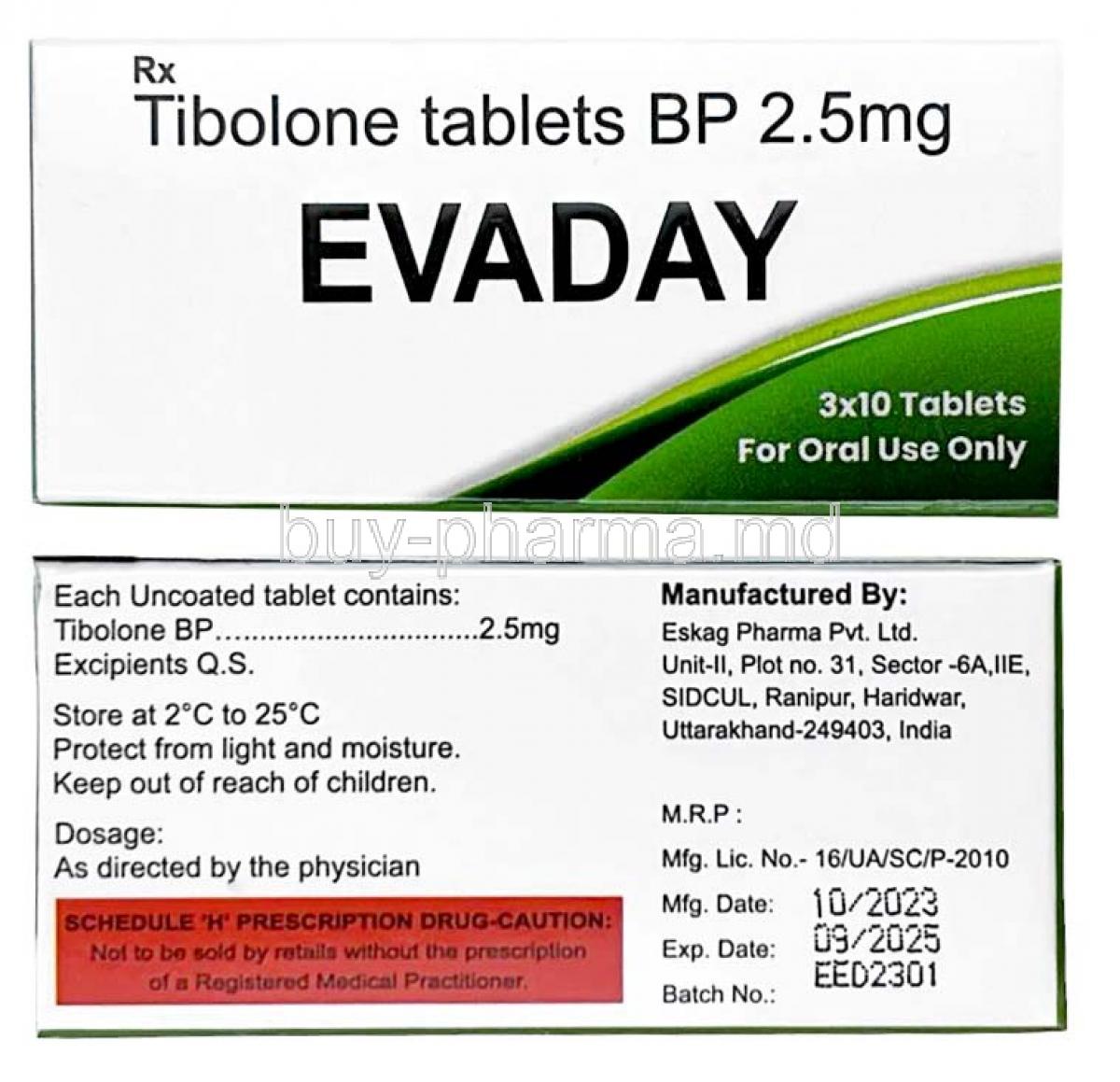 Evaday, Tibolone 2.5mg, VEA Impex, Box front and back view