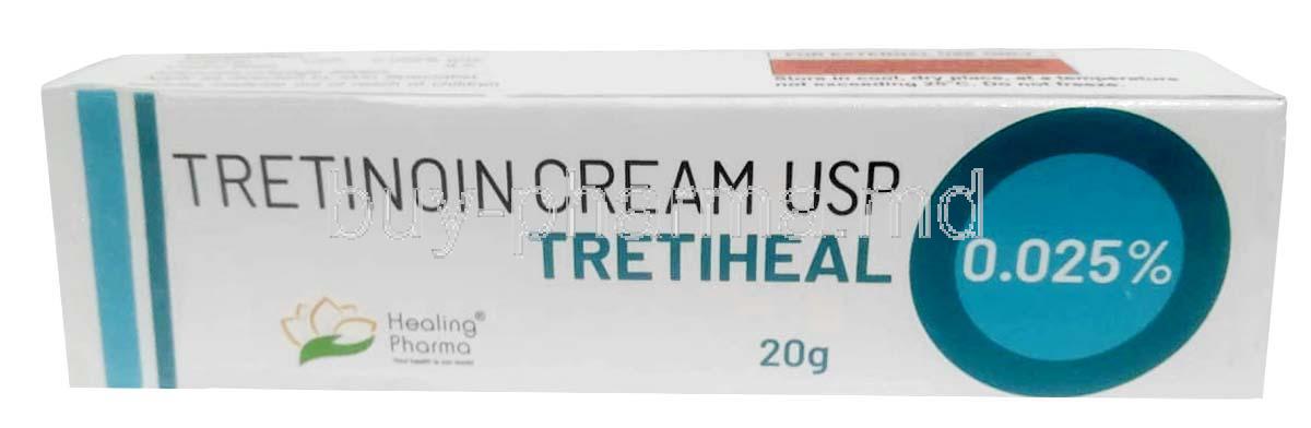 Tretiheal Cream, Tretinoin 0.025%, Cream 20g, Healing Pharma India Pvt Ltd, Box front view