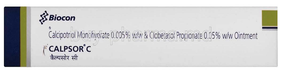 Calpsor C Ointment, Calcipotriol 0.005% w/w / Clobetasol 0.05% w/w, Ointment 30g, Biocon Biologics india, Box front view