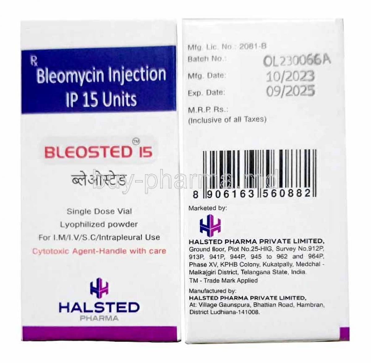 Bleosted Injection, Bleomycin 15 IU, Injection Vial, Halsted Pharma Pvt Ltd, Box front view, back view
