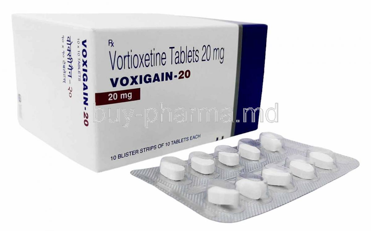 Voxigain-20, Vortioxetine 20mg, 100tablets, Torrent Pharmaceuticals Ltd, Box, Blisterpack