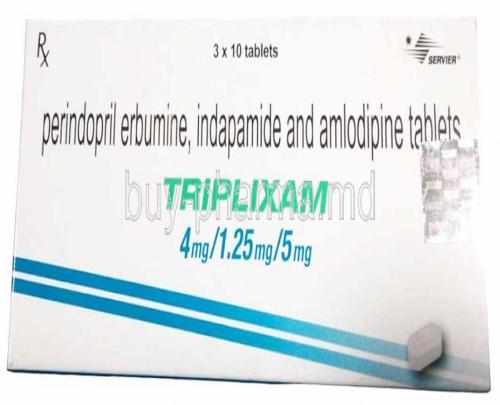Triplixam,Perindopril 4mg/ Indapamide 1.25mg/ Amlodipine 5mg, Servier India, Box front view