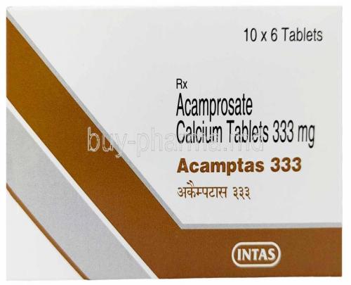 Acamptas, Acamprosate 333 mg, Intas Pharmaceuticals Ltd, Box front view