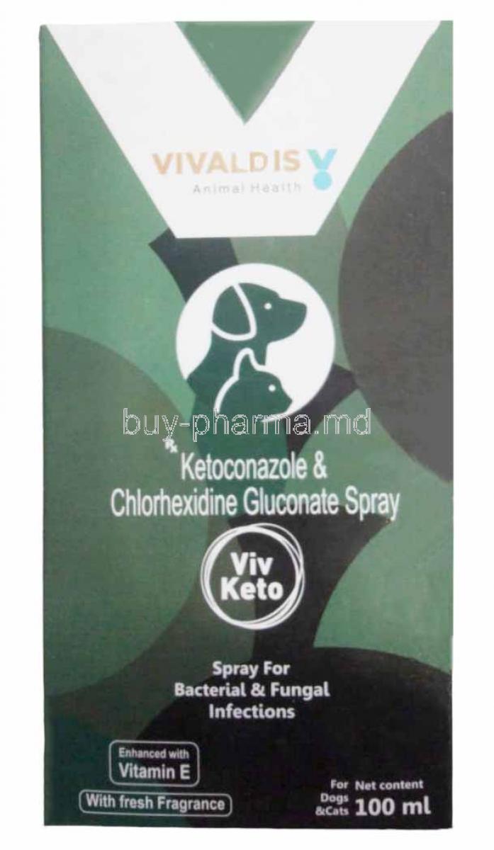 Viv Keto Spray, Ketoconazole 1% w/v, Spray 100mL, Vivaldis Animal Health, Box front  view