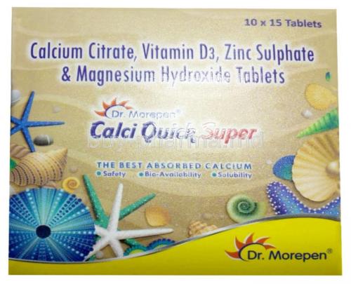 Calciquick Super, Calcium Citrate 1000 mg, Magnesium 100 mg, Zinc 4 mg, Vitamin D3 200 IU, Dr.Morepen Ltd, Box front view