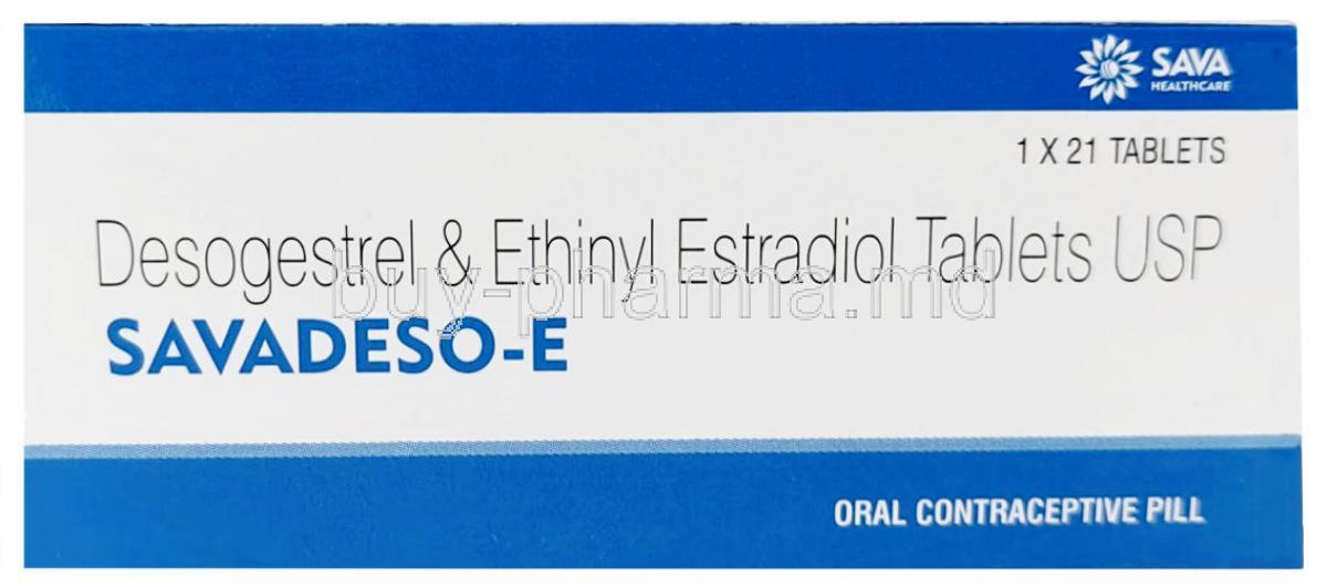 Savadeso-E,Desogestrel 0.15 mg/ Ethinyl Estradiol 0.03 mg, 21 tablets,Sava Healthcare, Box front view