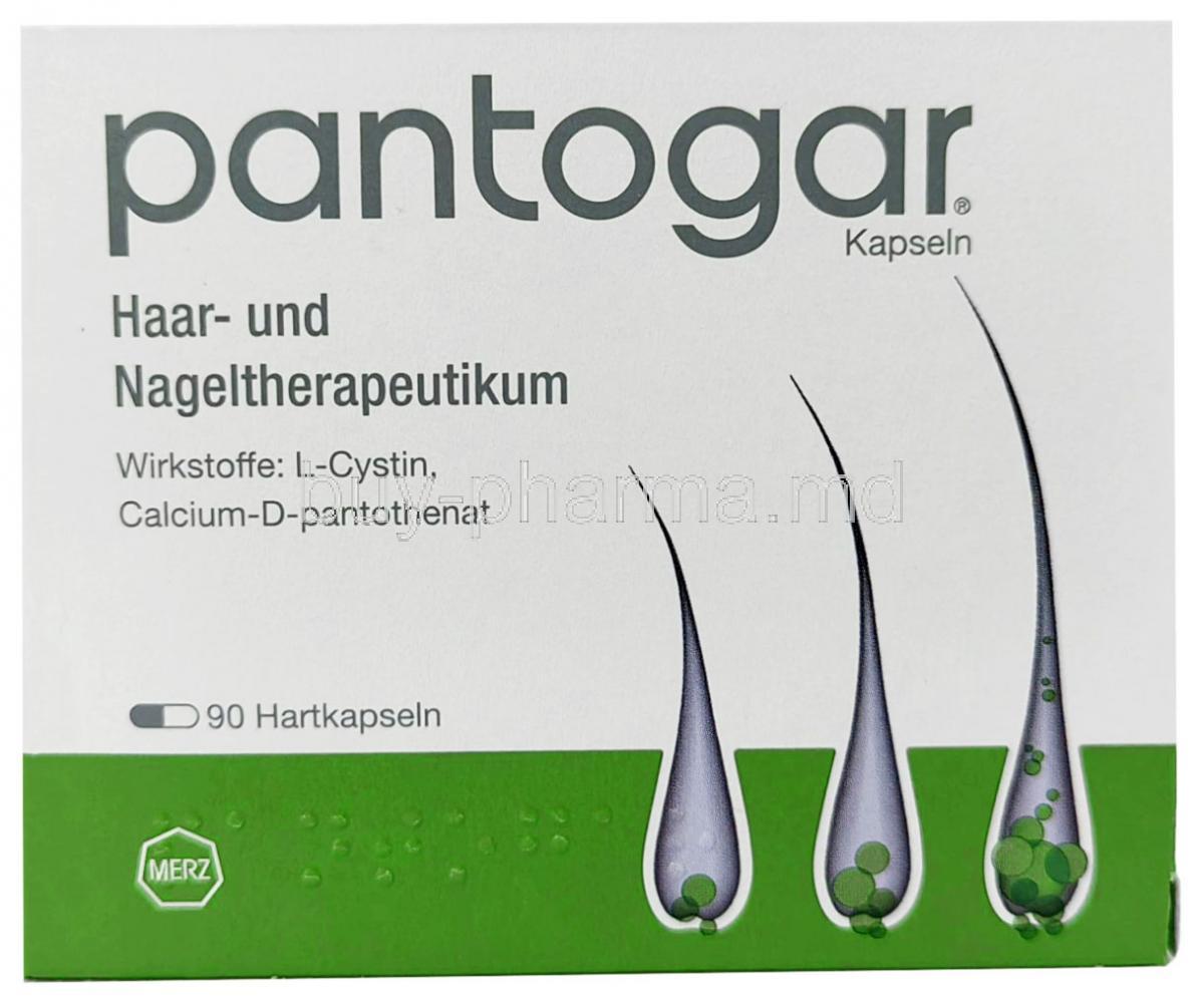 Pantogar, Thiamin nitrate 60mg/ Calcium D-Pantothenate 60mg/ Saccharomyces med.(Vigar-yeast) 100mg/ L-Cystine 20mg/ Keratin 20mg/ Para-aminobenzoic Acid 20mg, 90 capsules, MSD, Box front view