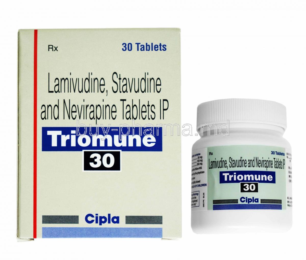 Triomune, Lamivudine 150mg, Stavudine 30mg and Nevirapine 200mg box and bottle