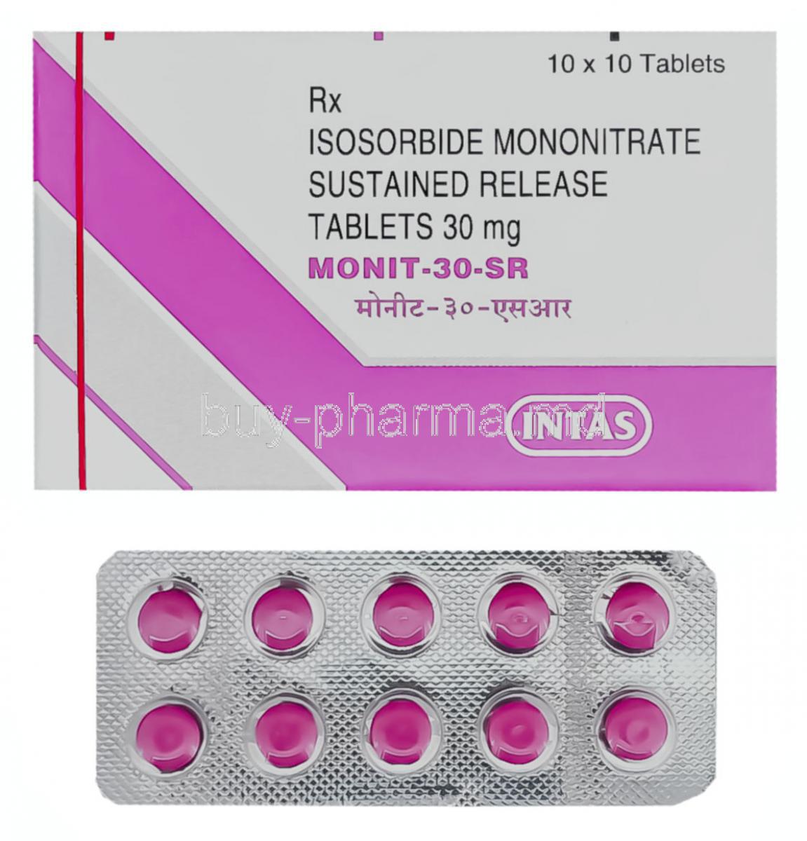 Generic Imdur, Monit, Isosorbide Mononitrate 30 mg SR Tablet (Intas) box and tablet