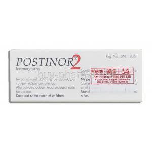 Postinor 2, Levonorgestrel 0.75 mg box information