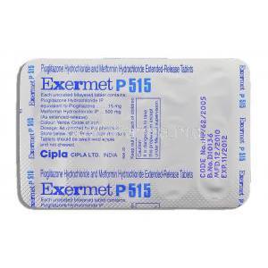 Exermet, Pioglitazone 15 mg/ XR Metformin 500 mg packaging