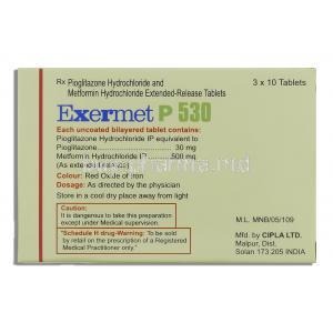 Exermet P530, Pioglitazone 30 mg/ XR Metformin 500 mg  composition