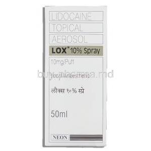 Lox, Lidocaine 10% Spray box