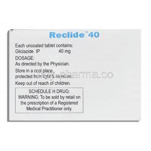 Reclide, Generic  Diamocron, Gliclazide 40 mg box information