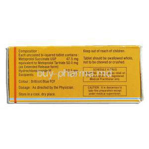 Tolol H 50, Generic Lopressor HCT, Metoprolol 50 mg/ Hydrochlorothiazide 12.5 mg Tablets composition