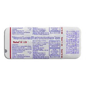 Tolol H 50, Generic Lopressor HCT, Metoprolol 50 mg/ Hydrochlorothiazide 12.5 mg Tablets strip information