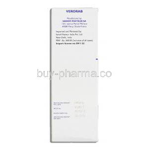 Verorab Rabies Vaccine, Purified Verocell vaccine, rabies (PVRV) 2.5 IU x 1 dose Vial + Syringe SANOFI PASTEUR SA manufacturer