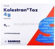 Kolestran, Cholestyramine ( Colestyramine /Kolestramin ) Sachets, Box front presentation,4g, Sandoz a Novartis Company