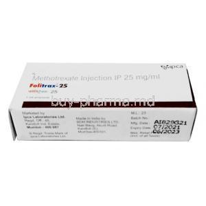 Folitrax Injection, Methotrexate 25mg per ml, 1mL ampoule, Ipca Laboratories, Box information, Mfg date, Exp date