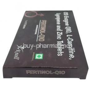FERTINOL Q10,Coenzyme Q10 25 mg, L-Carnitine 250 mg, Lycopene 5000 mcg, Zinc 12 mg, Knoll Heathcare Pvt Ltd, Box side view