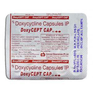Generic Vibramycin, Doxycycline Hydrochloride 100mg, capsule, strip description
