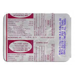 Intagesic-MR, Diclofenac Sodium 50 mg / Paracetamol 500mg / Chlorzoxazone 250mg, tablet, strip description