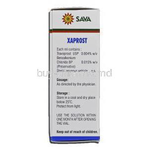 Xaprost, Generic Travatan, Tavoprost Ophthalmic Solution, 0.004% x 2.5 ml, Eye drop box description.JPG