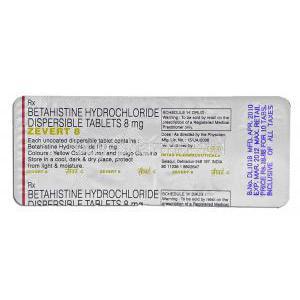 Zevert, Generic Serc,   Betahistine Dihydrochloride 8 Mg Tablet