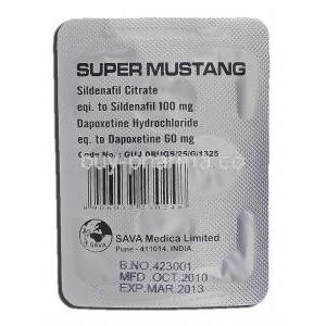 Super Mustang, Sildenafil and Dapoxetine, 100 mg  60 mg, tablet, Strip description