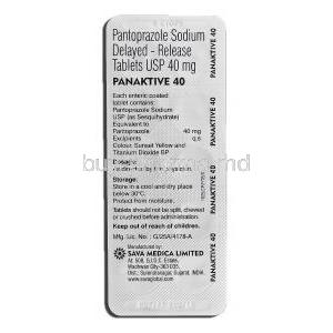 Panaktive 40, Generic Protonix, Pantoprazole Sodium Delayed-Release, 40 mg, Tablet, Strip description